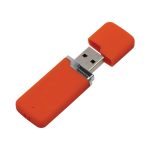 An orange flash drive with a silver connector and a removable cap. It features a logo on its body.