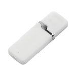 A white flash drive with a metallic clasp and a smooth surface, featuring a logo.
