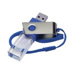 A 3D crystal swivel flash drive in clear and blue, featuring a metallic clip and a lanyard.