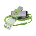 A green and clear 3D crystal swivel flash drive with a metal clip and strap for easy carrying.