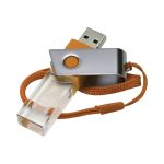 A 3D crystal swivel flash drive in a clear and silver design, featuring an orange strap for easy carrying.