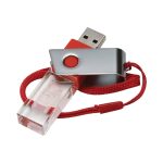 A red and silver 3D crystal swivel flash drive with a textured surface and a lanyard attachment.