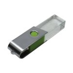 A silver and green 3D crystal swivel flash drive with a clear casing and a logo on the side.