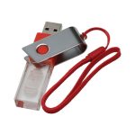 A 3D crystal swivel flash drive in clear and red, featuring a silver clip and a red lanyard.