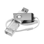 A 3D crystal swivel flash drive in silver and clear, featuring a loop for attachment and a branding logo.