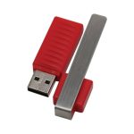 A red and silver Reuban flash drive, featuring a ribbed design and a detachable metal cap.