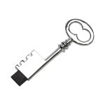 A silver skeleton key shaped flash drive with a glossy finish and a black tip. It features a logo.