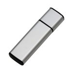 A silver flash drive with a sleek design and black accents. It features a logo on one side.