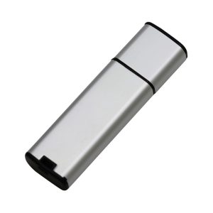 A sleek silver flash drive with a black end cap and a subtle logo on the side.