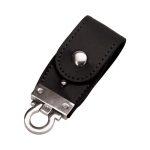 A black PU leather flip drive with a silver metal clip and snap closure, featuring a logo.