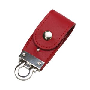 A red PU leather flip drive featuring a silver metal latch and button closure, with a shiny logo.
