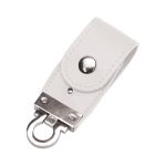 A white PU leather flip drive with a metal clasp and button closure, featuring a branding logo.