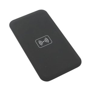 A black wireless charger with a simple design and a logo on the surface, ideal for charging devices.