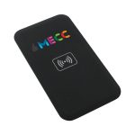 A black wireless charger with a logo, featuring an icon for wireless charging on its surface.