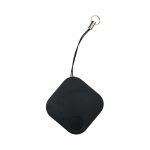 A black square-shaped tracker with a small button and a loop for attachment.