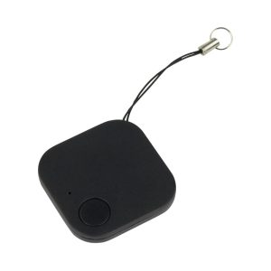 A black Uni Smart Tag Tracker with a loop attachment and a button on the front.