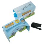 Virtual reality glasses in a light blue box with illustrations, featuring a black strap for a secure fit.