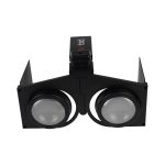 A pair of black VR fold glasses featuring large lenses and a central connection piece. Branding is present.