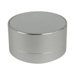 A silver Bluetooth speaker with a round design and a mesh top surface, featuring a sleek metallic finish.