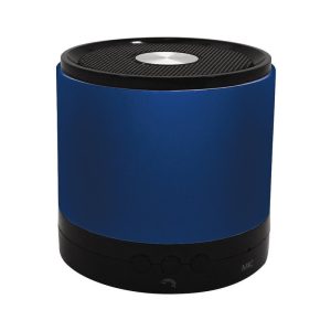 A blue Bluetooth speaker with a mesh top and control buttons at the base. Features a branding logo.