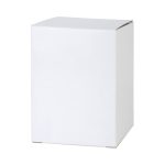 A plain white cardboard box with a square shape and a sealed top.