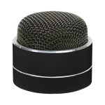 A compact Bluetooth speaker featuring a black cylindrical base and a textured black mesh top. It includes a logo.