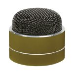 A compact Bluetooth speaker in gold with a textured black grille on top and a sleek design.