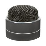 A round, sleek black Bluetooth speaker with a mesh top and metallic base, featuring a branding logo.
