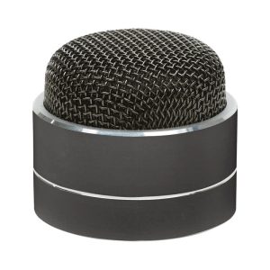A round, sleek black Bluetooth speaker with a mesh top and metallic base, featuring a branding logo.