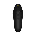 A black PowerPoint presenter with a connection button and an on/off switch, featuring a small logo.