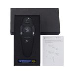 A black presentation remote is displayed in a box with an instruction manual beside it.