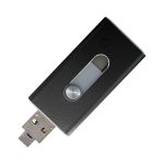 A black USB flash drive with a sliding cover and a circular button, featuring a logo on its surface.