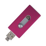A pink USB flash drive with a sliding mechanism and a metallic finish, featuring a small window and branding.