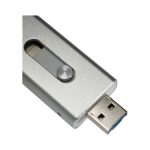 A silver USB flash drive with a sliding mechanism and a blue connector, featuring a logo on its surface.