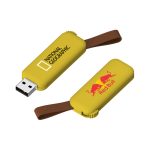 A yellow flash drive featuring branding on both sides and a brown loop for easy attachment.