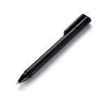 A sleek black metal pen featuring a stylus tip and a clip, accompanied by a branding logo.