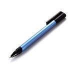 A metal pen with a light blue barrel and a black cap, featuring a branding logo.