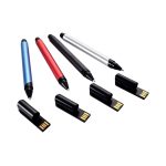 A set of metal pens in blue, red, black, and silver, with USB connectors displayed beside them.