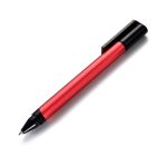 A red metal USB pen with a black cap and a sleek design, featuring a logo on its body.