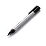 A silver metal pen with a black cap and a fine tip. The pen features a logo on its body.