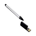 A silver metal pen with a black tip and a removable cap that reveals a USB connector.