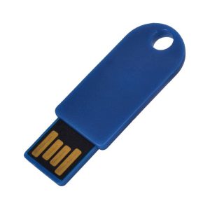 A blue flash drive with a slot for a keyring and gold connectors at one end. It has a logo on the surface.