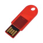 A red flash drive featuring a transparent casing, with a USB connector visible. It includes a hole for attaching to a keyring.
