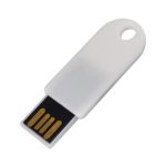 A white flash drive with a rounded top, featuring a black connector with gold pins and a hole for attachment.