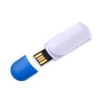 A white flash drive with a blue cap, featuring a USB connector and a logo on the casing.