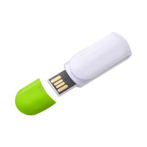 A white flash drive with a green cap, featuring a USB connection and a compact design.