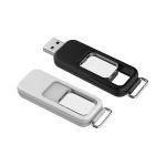 A black and white flash drive with a sliding mechanism, featuring a metal attachment loop.