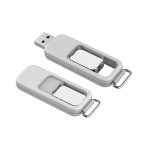 A grey Bunda Light Flash Drive with a sliding mechanism and a metal ring for attachment.