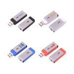 A set of six swivel flash drives in various colours: black, silver, white, blue, red, and with logos.