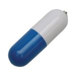 A capsule-shaped flash drive in blue and white, featuring a circular end and a metallic attachment.